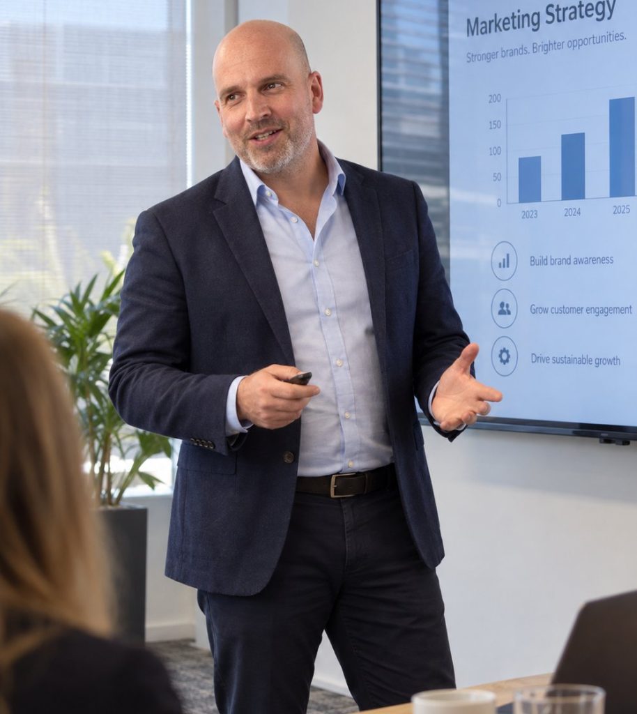 Simon presenting a marketing strategy